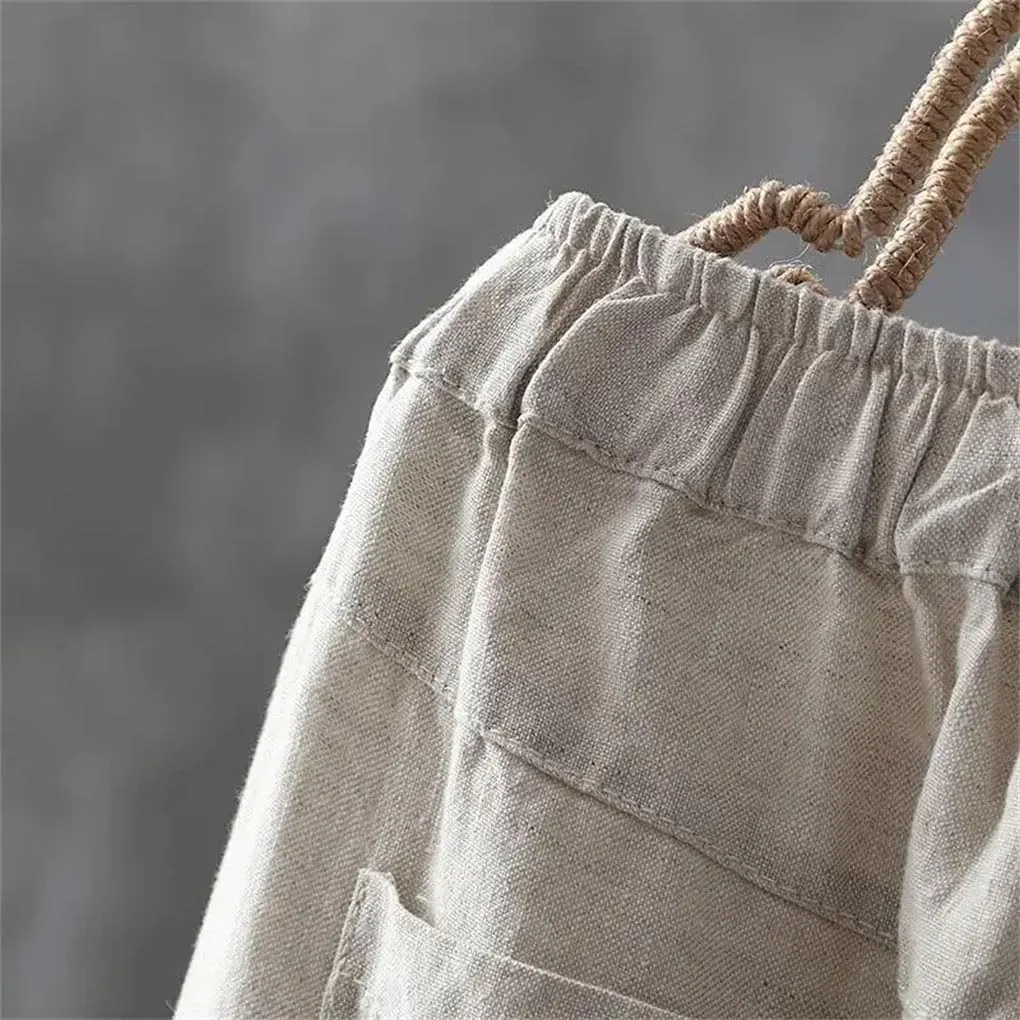 Women Cotton Linen Ankle-Length Trousers Female Elastic Waist Casual Loose Solid Harem Pants