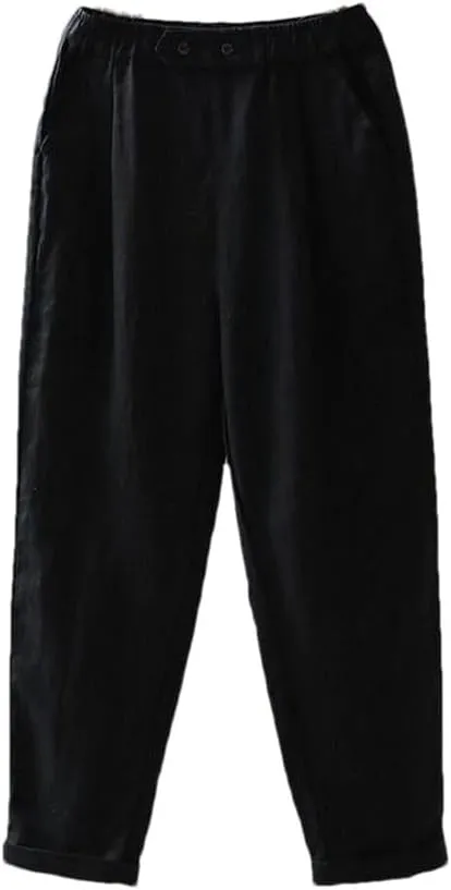 Women Cotton Linen Ankle-Length Trousers Female Elastic Waist Casual Loose Solid Harem Pants