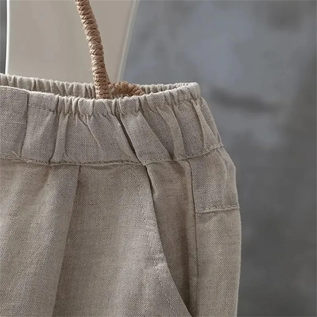 Women Cotton Linen Ankle-Length Trousers Female Elastic Waist Casual Loose Solid Harem Pants