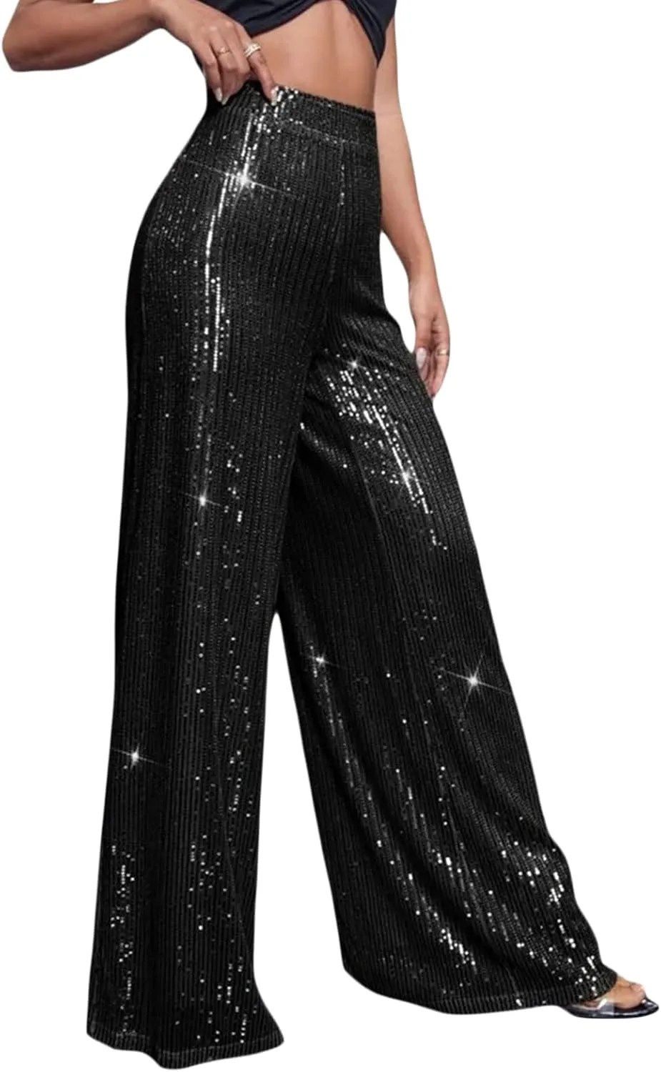 Women Elegant High Waist Wide Leg Shiny Sequined Pants Loose Fit Trousers Disco Outfit Party Clubwear