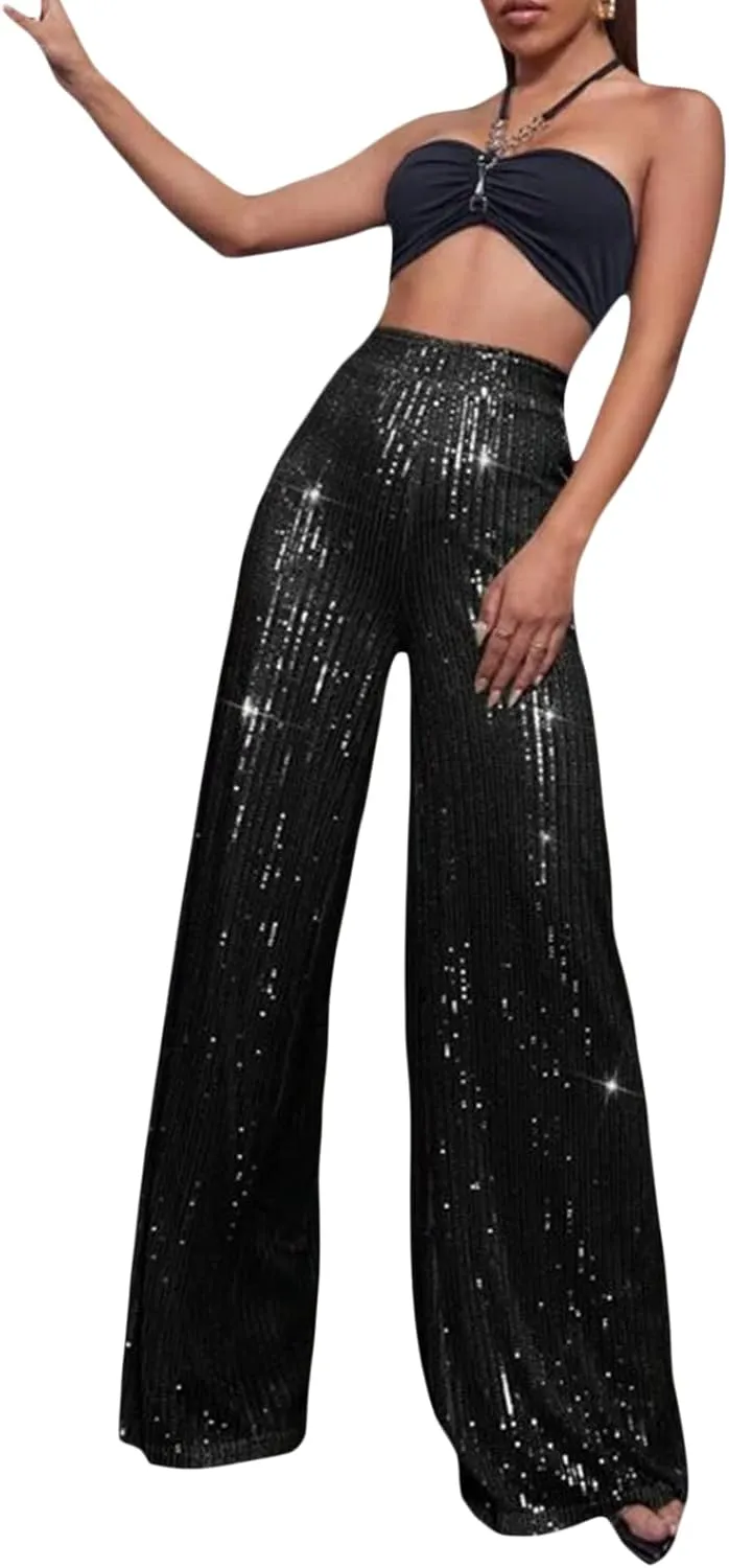 Women Elegant High Waist Wide Leg Shiny Sequined Pants Loose Fit Trousers Disco Outfit Party Clubwear
