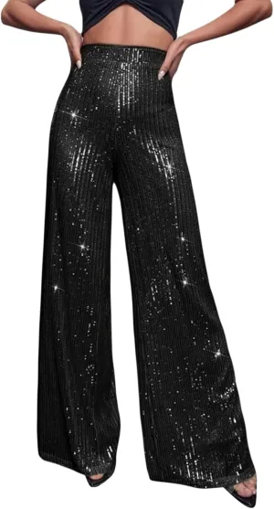Women Elegant High Waist Wide Leg Shiny Sequined Pants Loose Fit Trousers Disco Outfit Party Clubwear