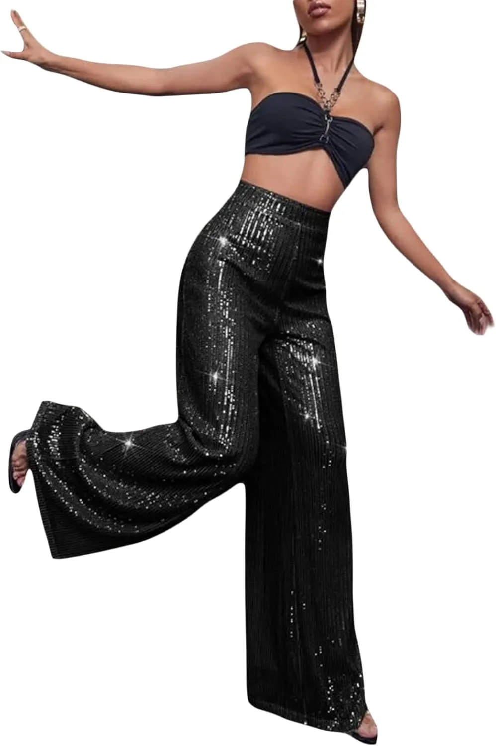 Women Elegant High Waist Wide Leg Shiny Sequined Pants Loose Fit Trousers Disco Outfit Party Clubwear