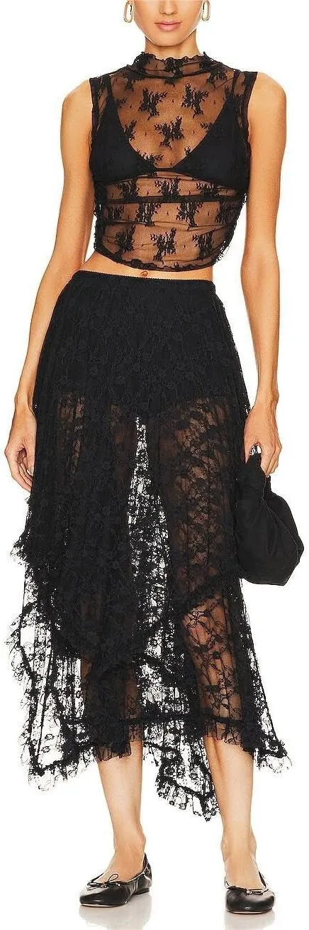 Women Floral Lace Long Skirt Asymmetrical Layered Summer Sheer Maxi Skirts Sexy See-Through Flowy Boho Beach Skirt