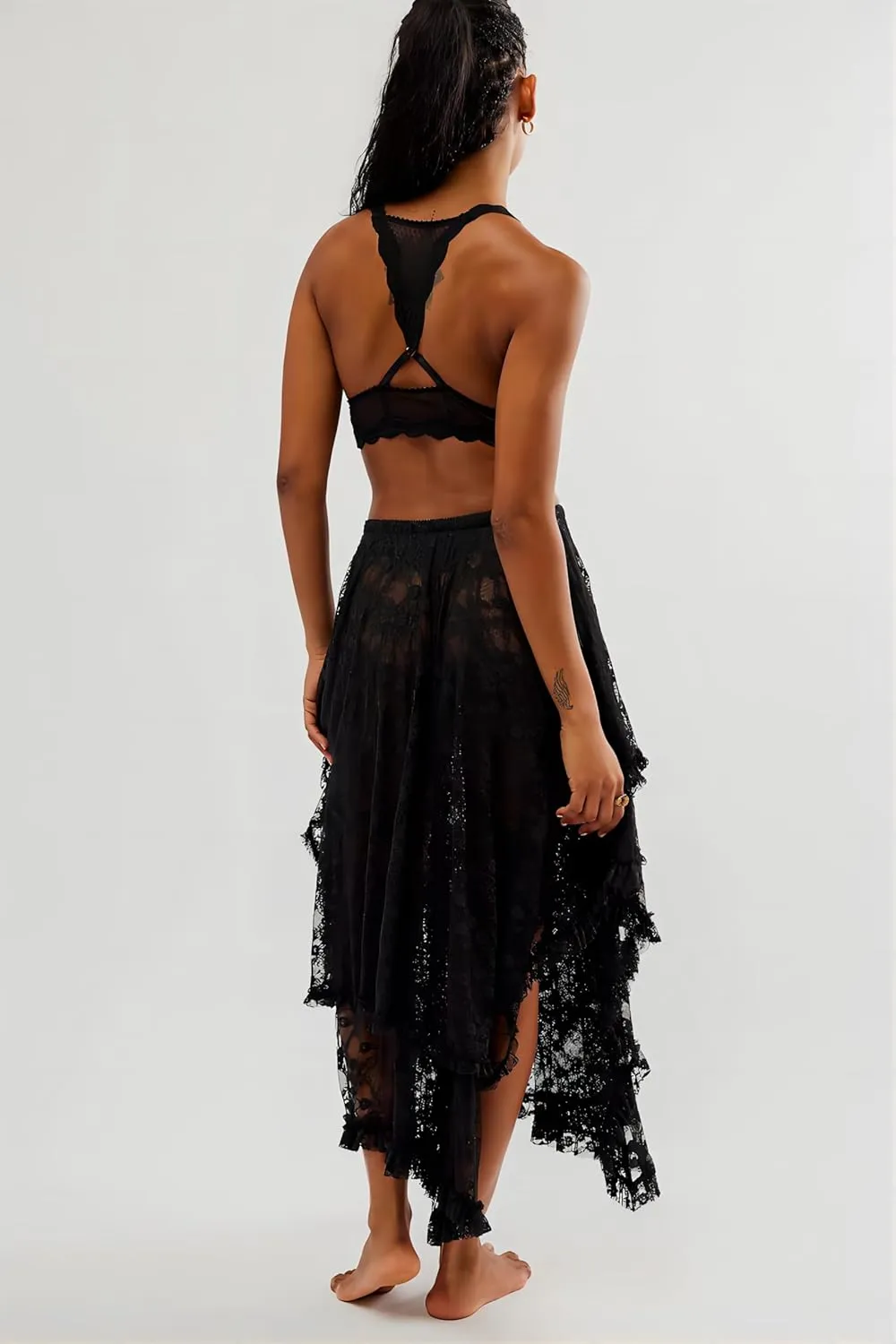 Women Floral Lace Long Skirt Asymmetrical Layered Summer Sheer Maxi Skirts Sexy See-Through Flowy Boho Beach Skirt