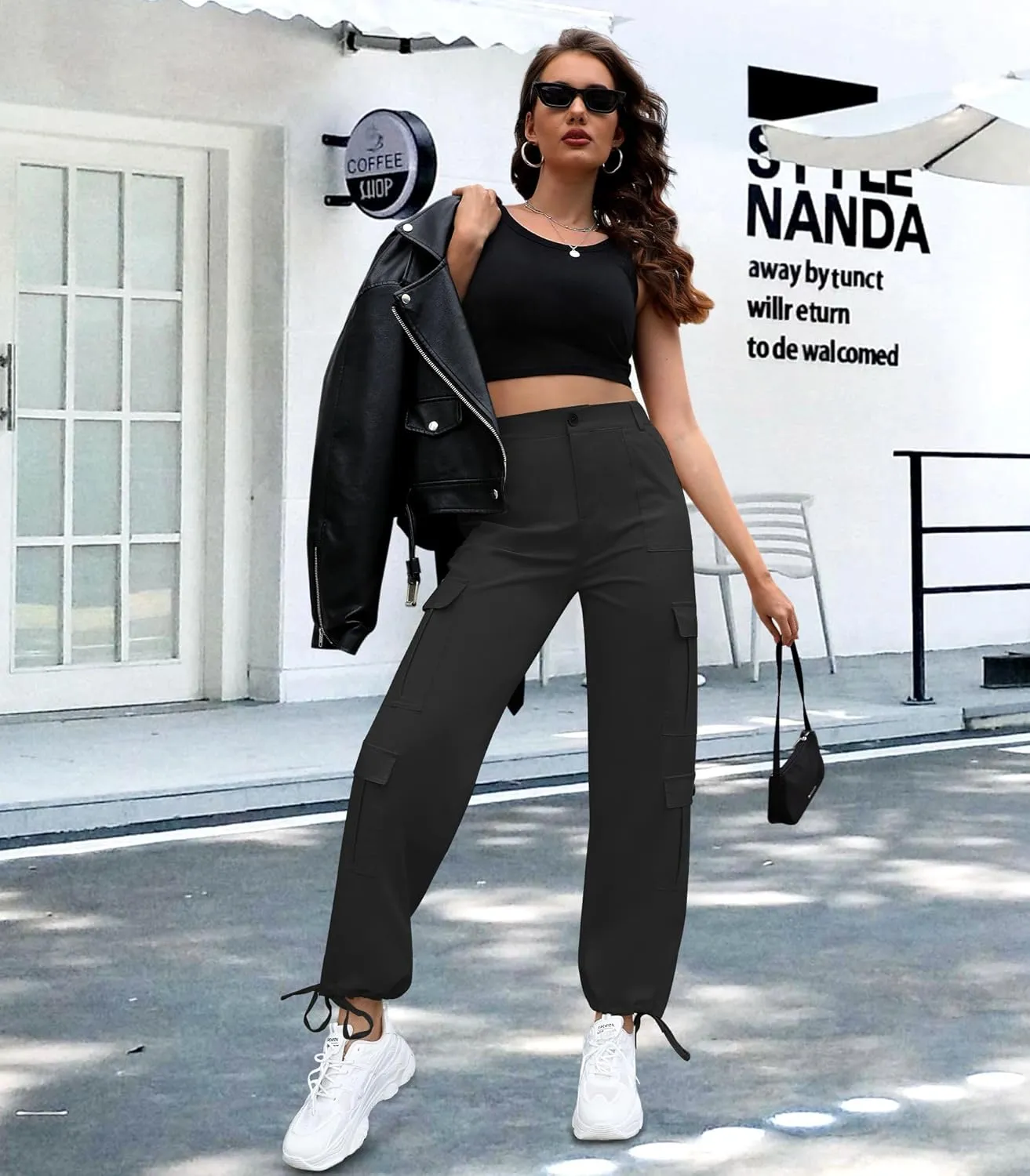 Women High Waisted Cargo Pants Y2K Trousers Wide Leg Casual Pants with 8 Pockets