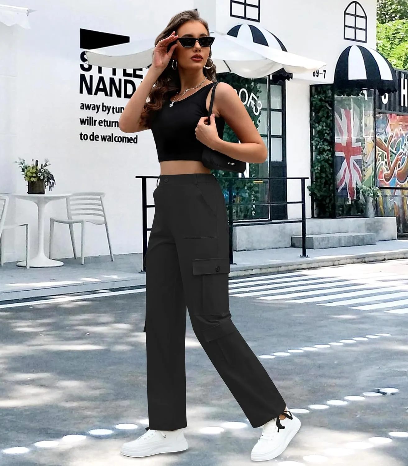 Women High Waisted Cargo Pants Y2K Trousers Wide Leg Casual Pants with 8 Pockets