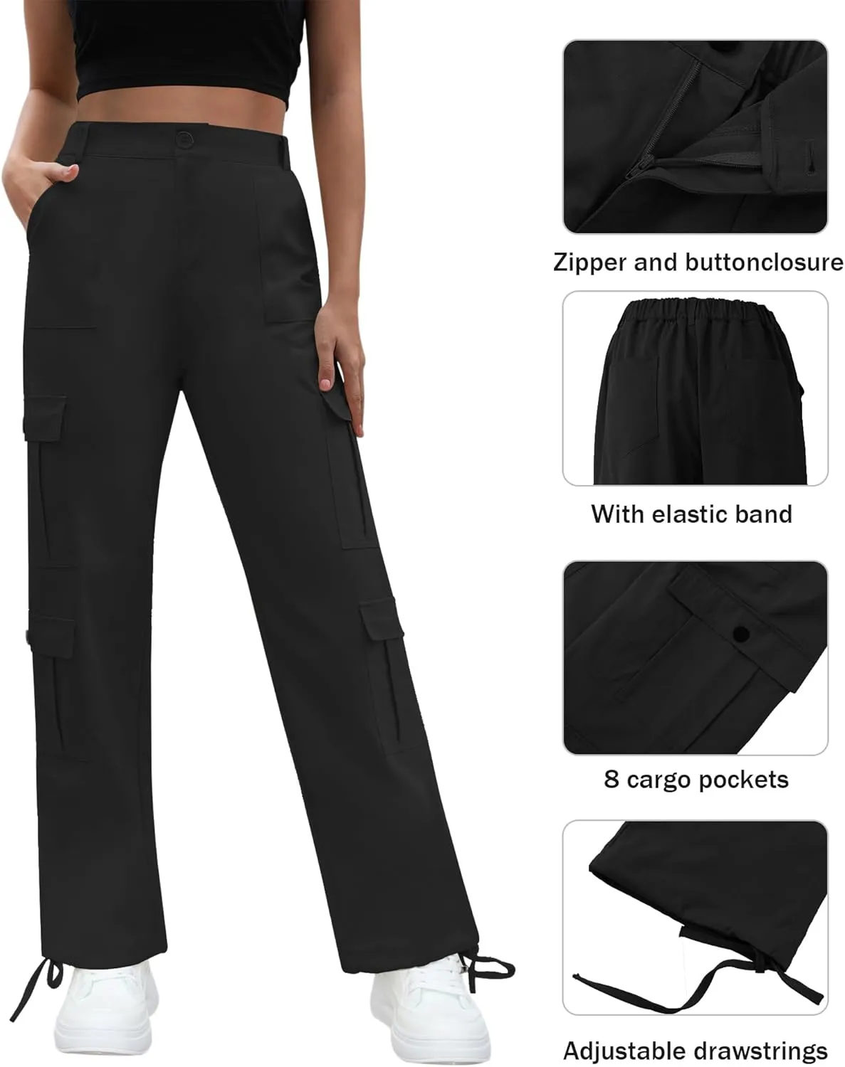Women High Waisted Cargo Pants Y2K Trousers Wide Leg Casual Pants with 8 Pockets