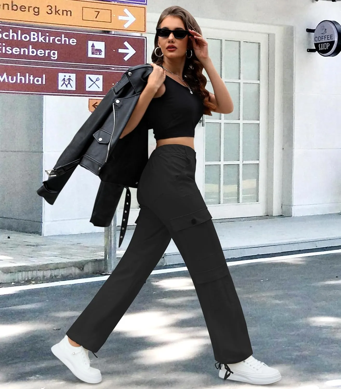 Women High Waisted Cargo Pants Y2K Trousers Wide Leg Casual Pants with 8 Pockets