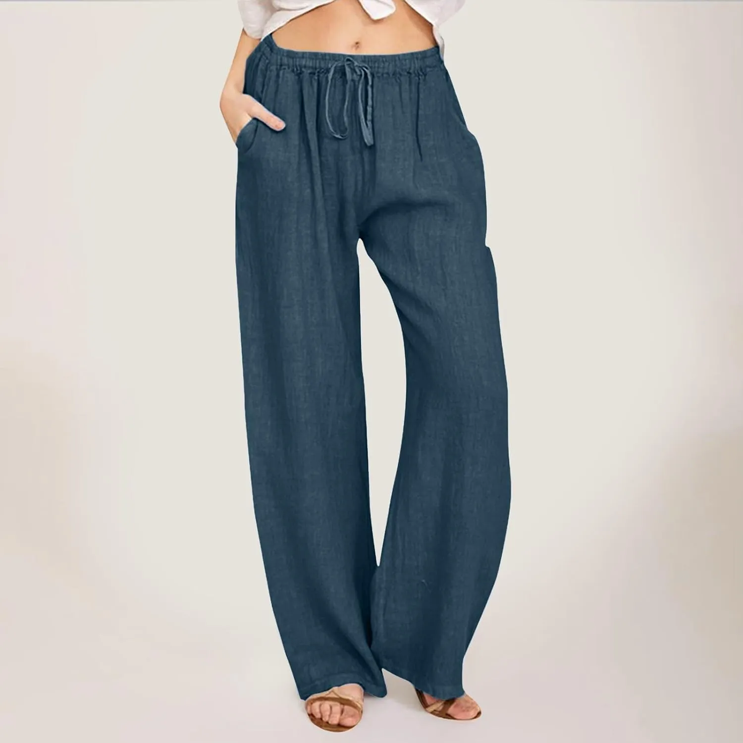 Women Linen Palazzo Pants Summer Beach Flowy Drawstring Slacks Wide Leg Lightweight Pants Comfy Cotton Baggy Trousers