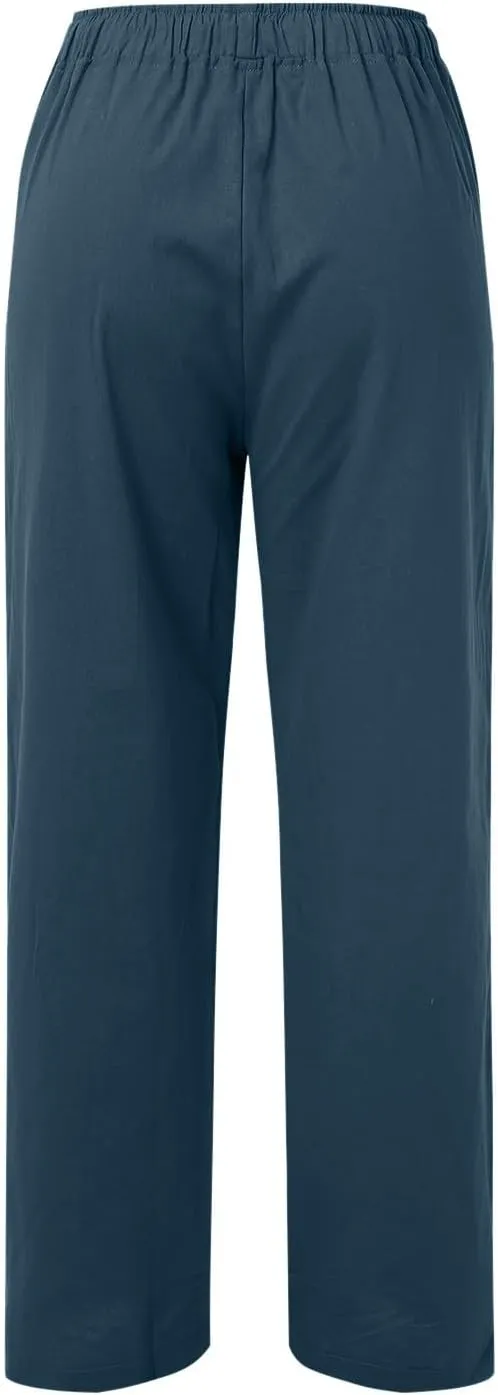 Women Linen Palazzo Pants Summer Beach Flowy Drawstring Slacks Wide Leg Lightweight Pants Comfy Cotton Baggy Trousers