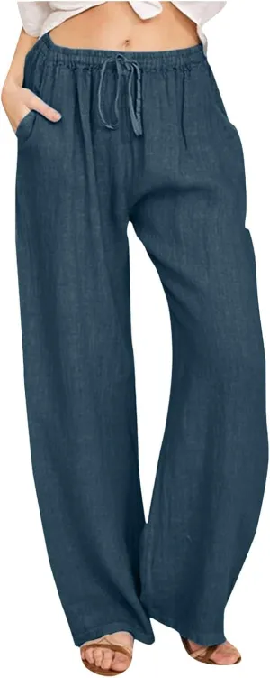 Women Linen Palazzo Pants Summer Beach Flowy Drawstring Slacks Wide Leg Lightweight Pants Comfy Cotton Baggy Trousers