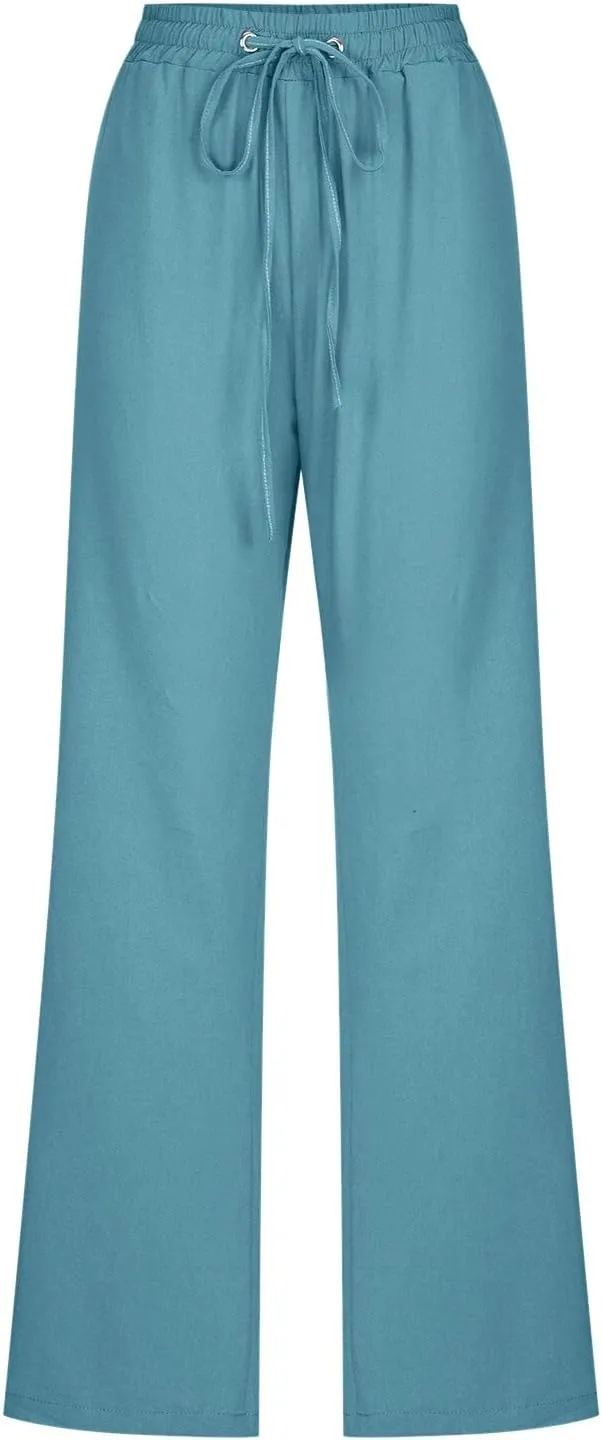 Women Linen Summer Loose Pants High Waist Stretchy Straight Loose Fit Trousers Business Work