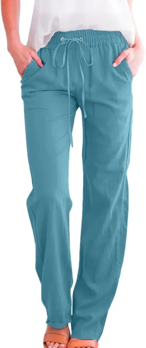 Women Linen Summer Loose Pants High Waist Stretchy Straight Loose Fit Trousers Business Work