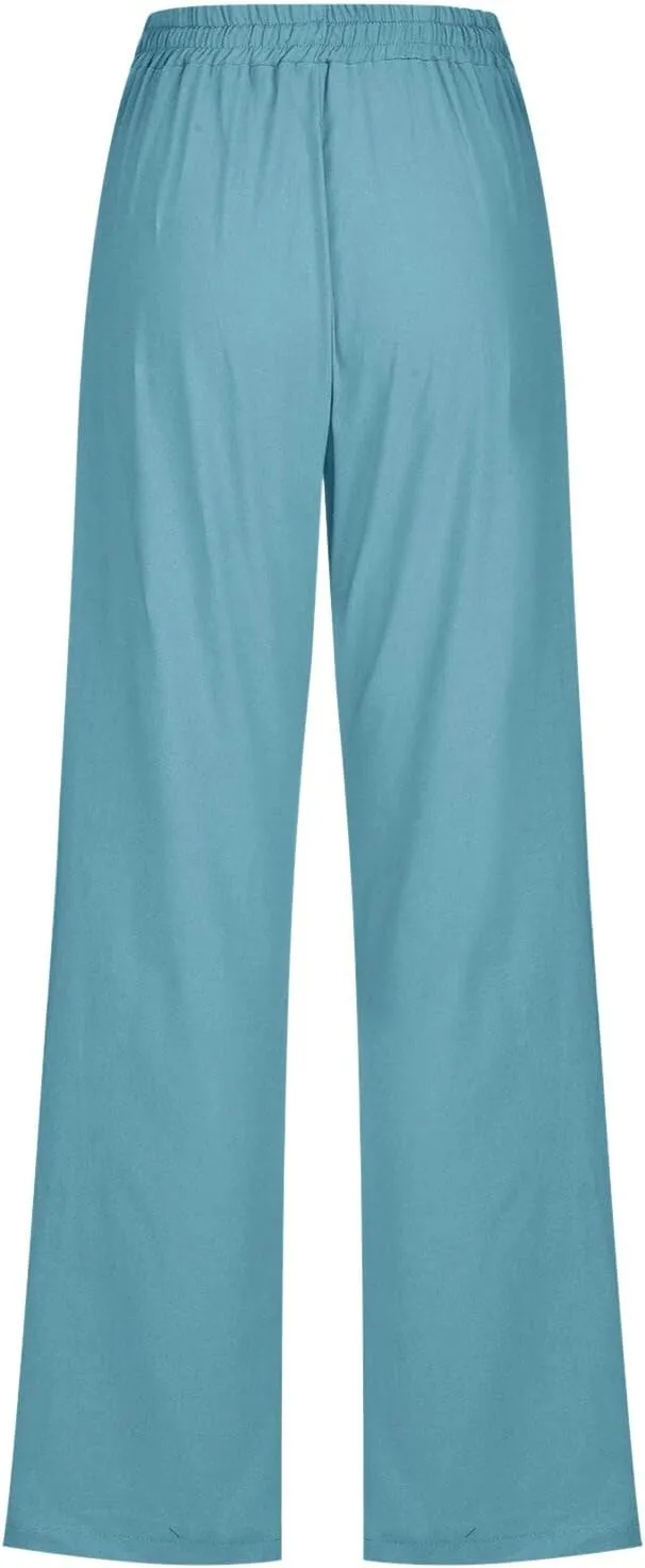 Women Linen Summer Loose Pants High Waist Stretchy Straight Loose Fit Trousers Business Work