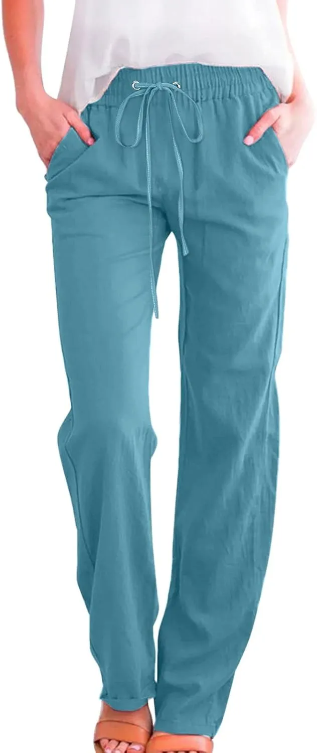 Women Linen Summer Loose Pants High Waist Stretchy Straight Loose Fit Trousers Business Work