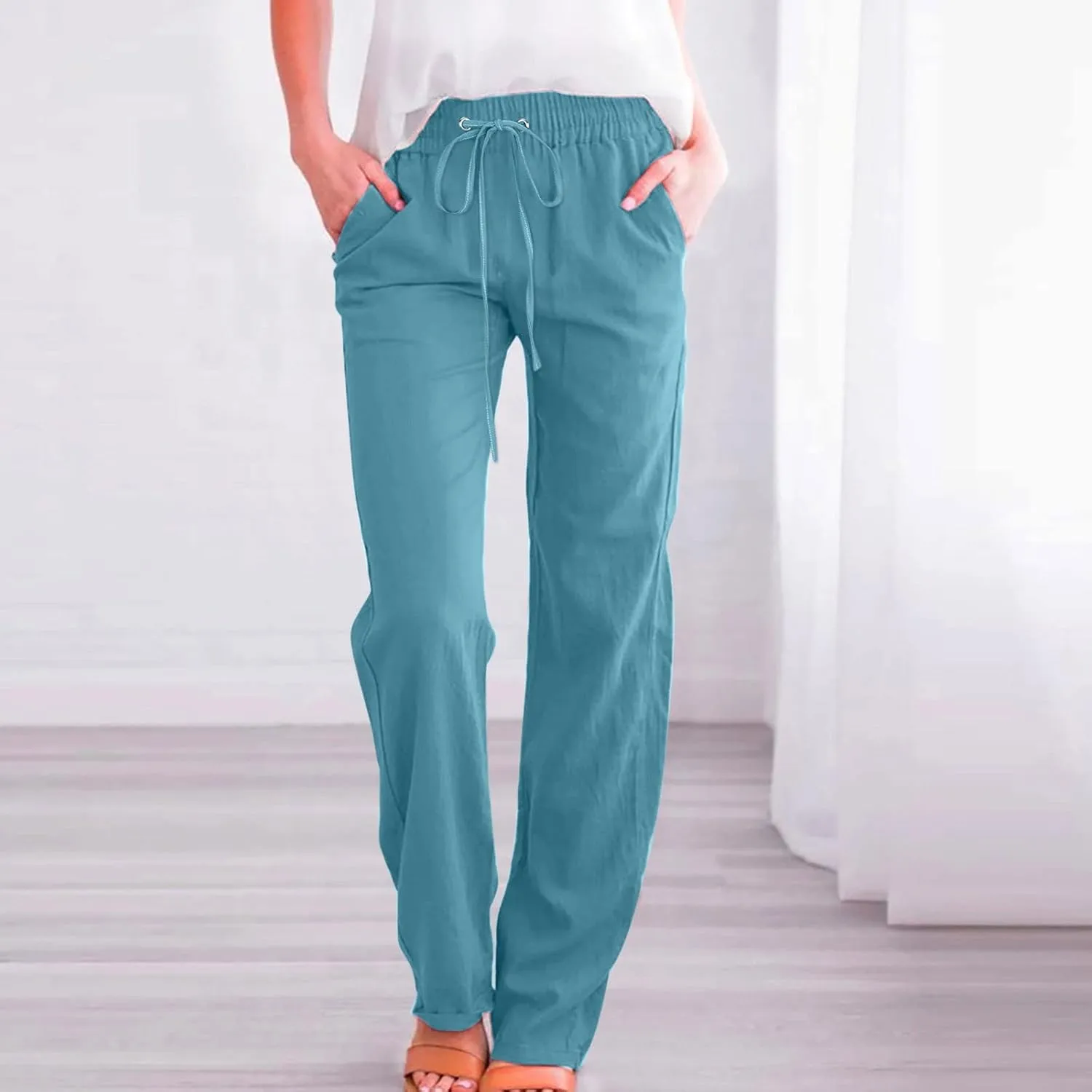 Women Linen Summer Loose Pants High Waist Stretchy Straight Loose Fit Trousers Business Work