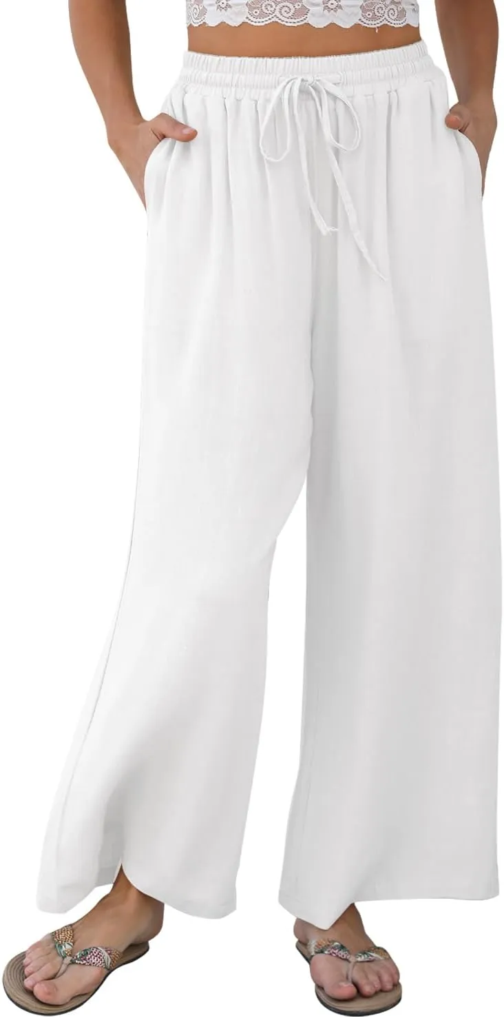 Women Linen Wide-Leg Palazzo Pants Summer Flowy Baggy High Waist Casual Lounge Travel Trousers with Pockets