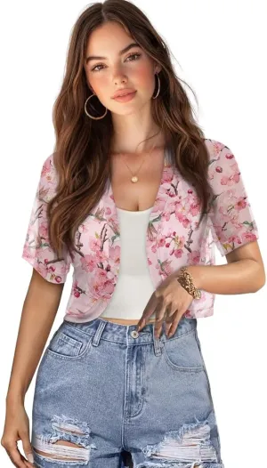 Women Open Front Mesh Bolero Shrugs Short Sleeve Cropped Chiffon Cardigan Lightweight Sheer Summer Jacket Tops