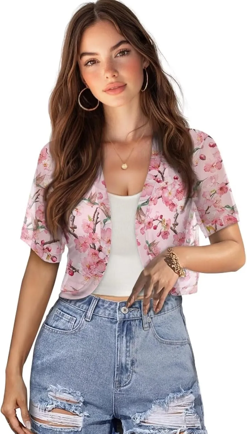 Women Open Front Mesh Bolero Shrugs Short Sleeve Cropped Chiffon Cardigan Lightweight Sheer Summer Jacket Tops