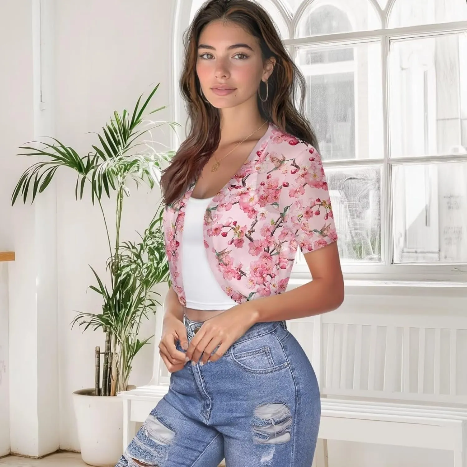 Women Open Front Mesh Bolero Shrugs Short Sleeve Cropped Chiffon Cardigan Lightweight Sheer Summer Jacket Tops