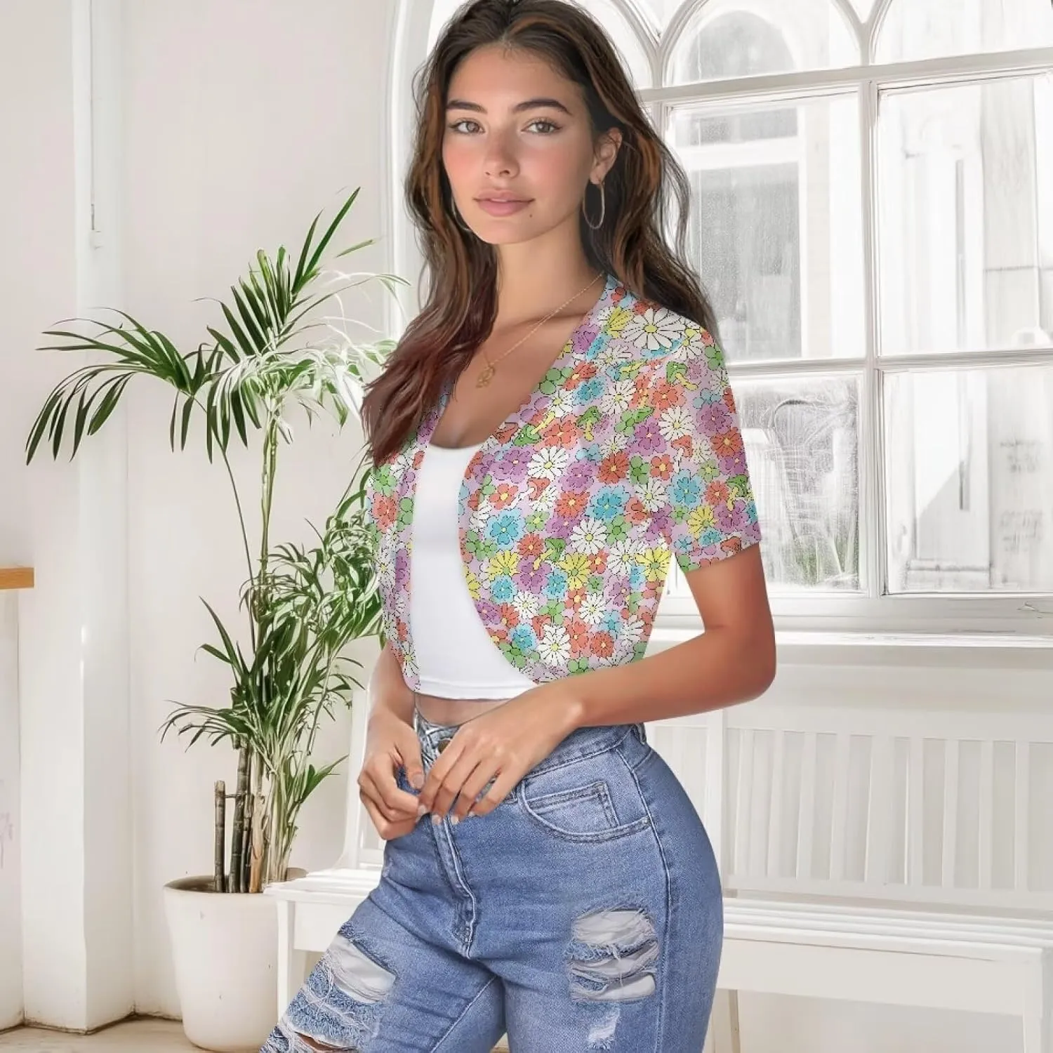 Women Open Front Mesh Bolero Shrugs Short Sleeve Cropped Chiffon Cardigan Lightweight Sheer Summer Jacket Tops