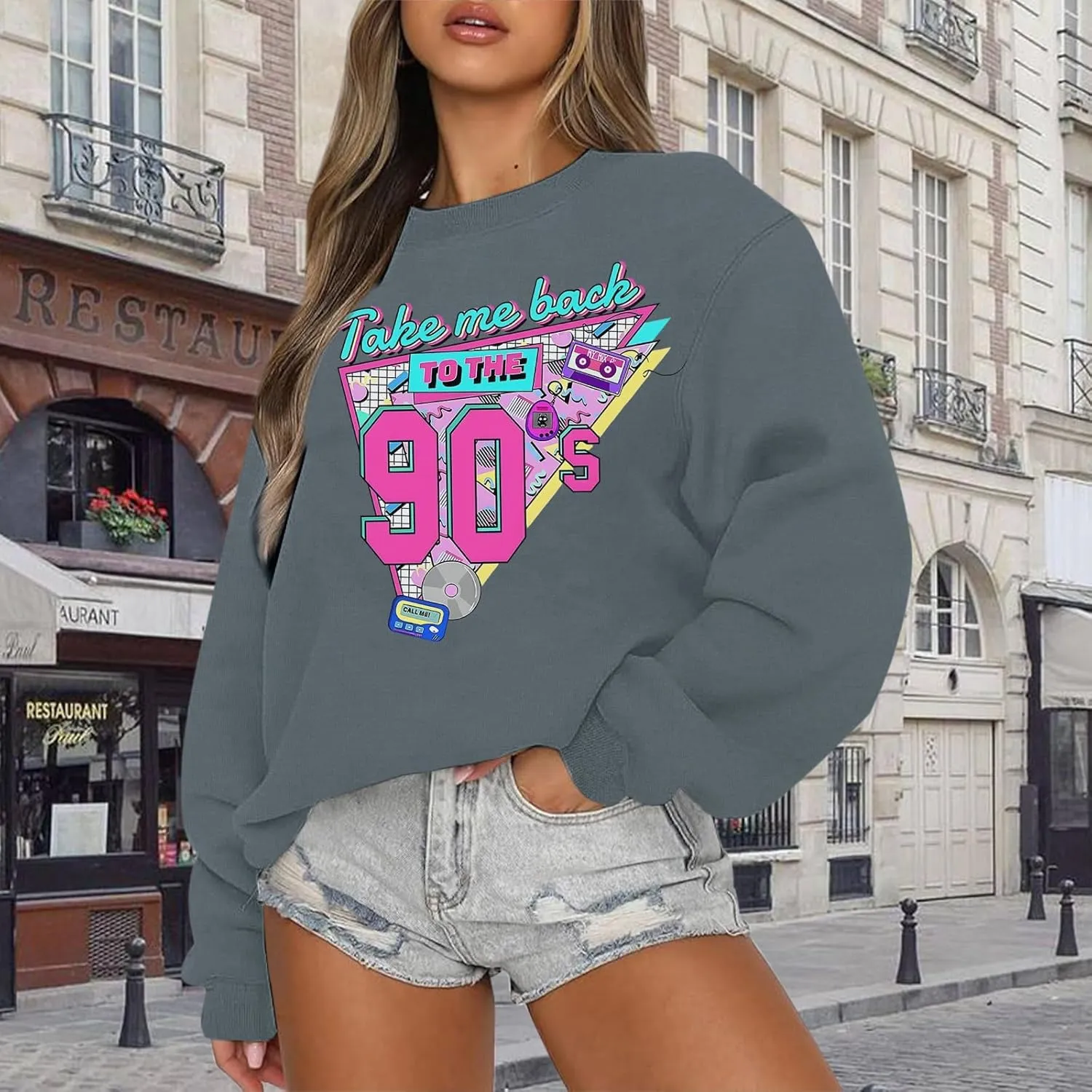 Women Oversized Graphic Sweatshirt 90s Outfit Long Sleeve Shirt 90's Vintage Pullover Tops Birthday Party Gift