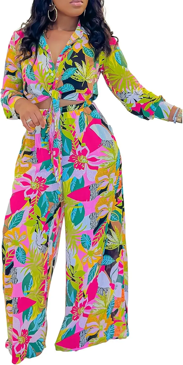 Women's 2 Piece Outfits Floral Print Long Sleeve Button Down Shirt and Wide Leg Pants Sets Casual Beach Vacation Sets
