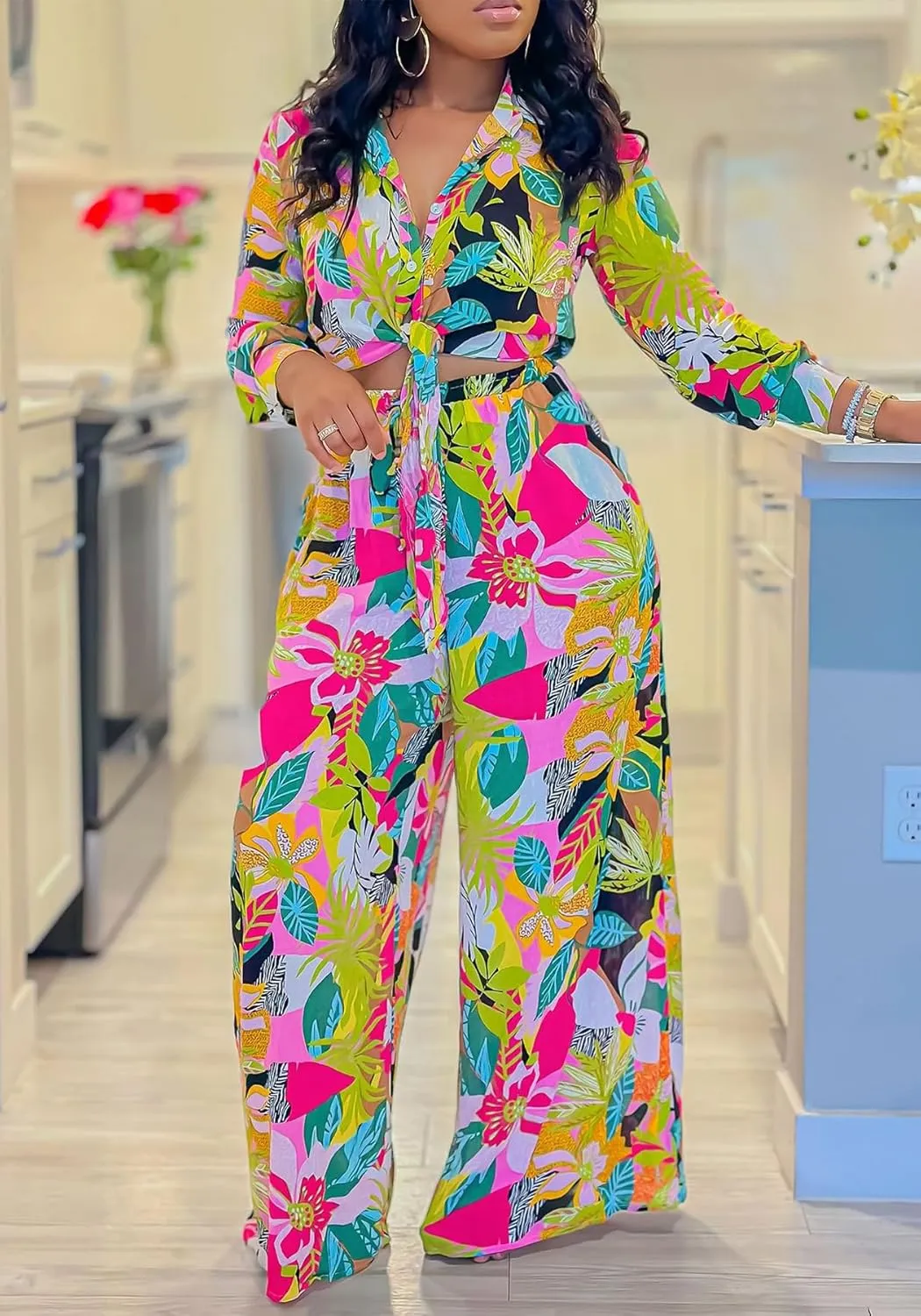 Women's 2 Piece Outfits Floral Print Long Sleeve Button Down Shirt and Wide Leg Pants Sets Casual Beach Vacation Sets