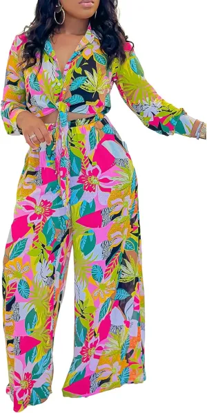 Women's 2 Piece Outfits Floral Print Long Sleeve Button Down Shirt and Wide Leg Pants Sets Casual Beach Vacation Sets