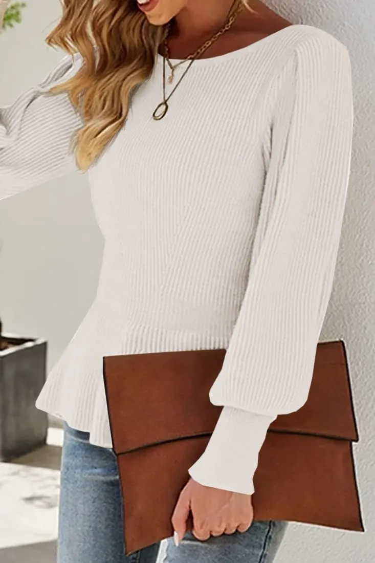 Womens 2024 Fall Puff Sleeve Peplum Casual Slim Fit Knit Pullover Sweater Jumper Tops