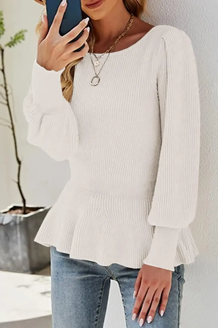 Womens 2024 Fall Puff Sleeve Peplum Casual Slim Fit Knit Pullover Sweater Jumper Tops