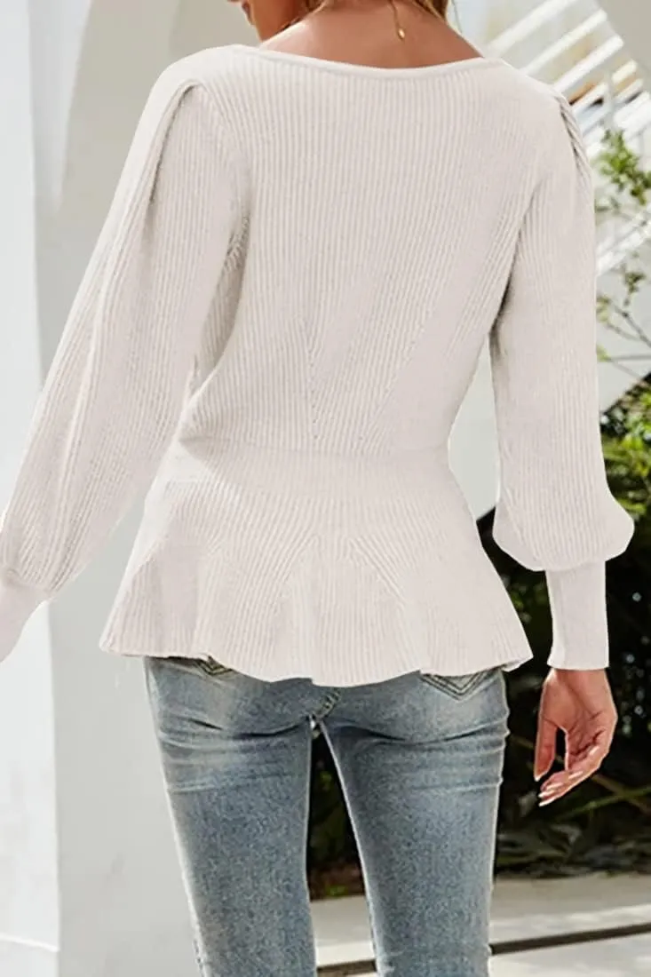 Womens 2024 Fall Puff Sleeve Peplum Casual Slim Fit Knit Pullover Sweater Jumper Tops