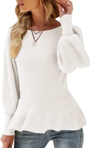 Womens 2024 Fall Puff Sleeve Peplum Casual Slim Fit Knit Pullover Sweater Jumper Tops
