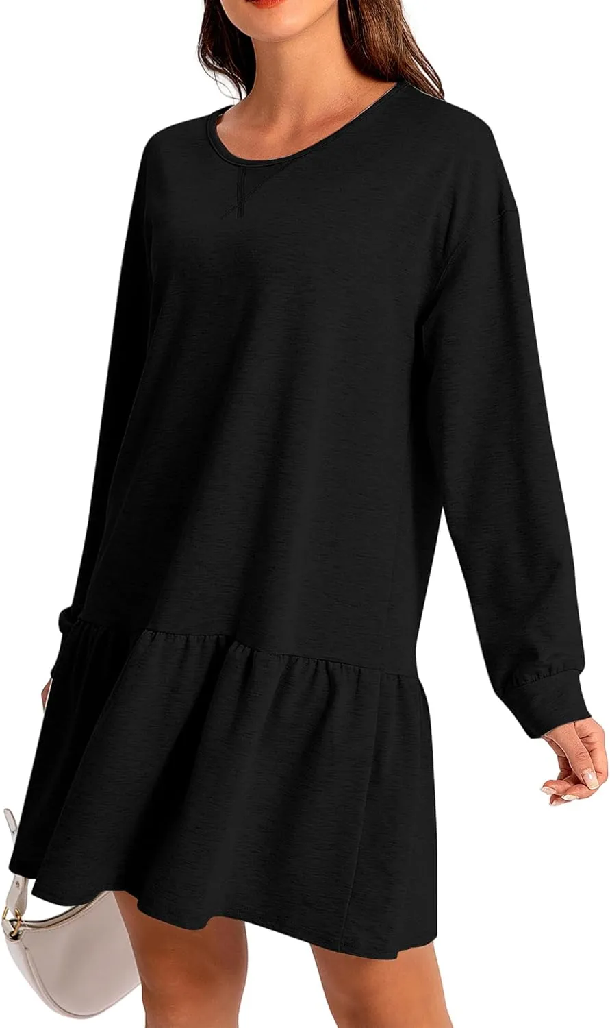 Womens 2025 Fall Long Sleeve Pullover Tops Crewneck Rib Knit Patchwork Sweatshirt Dress Ruffle Mini Dresses