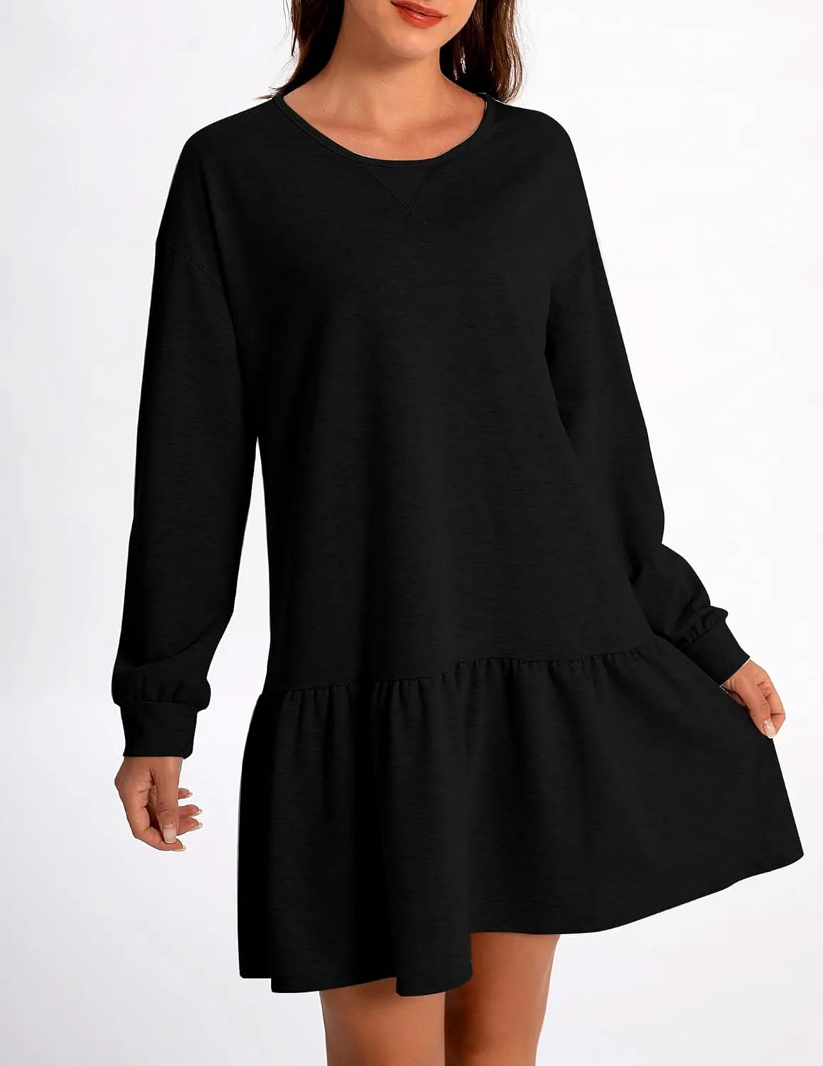 Womens 2025 Fall Long Sleeve Pullover Tops Crewneck Rib Knit Patchwork Sweatshirt Dress Ruffle Mini Dresses