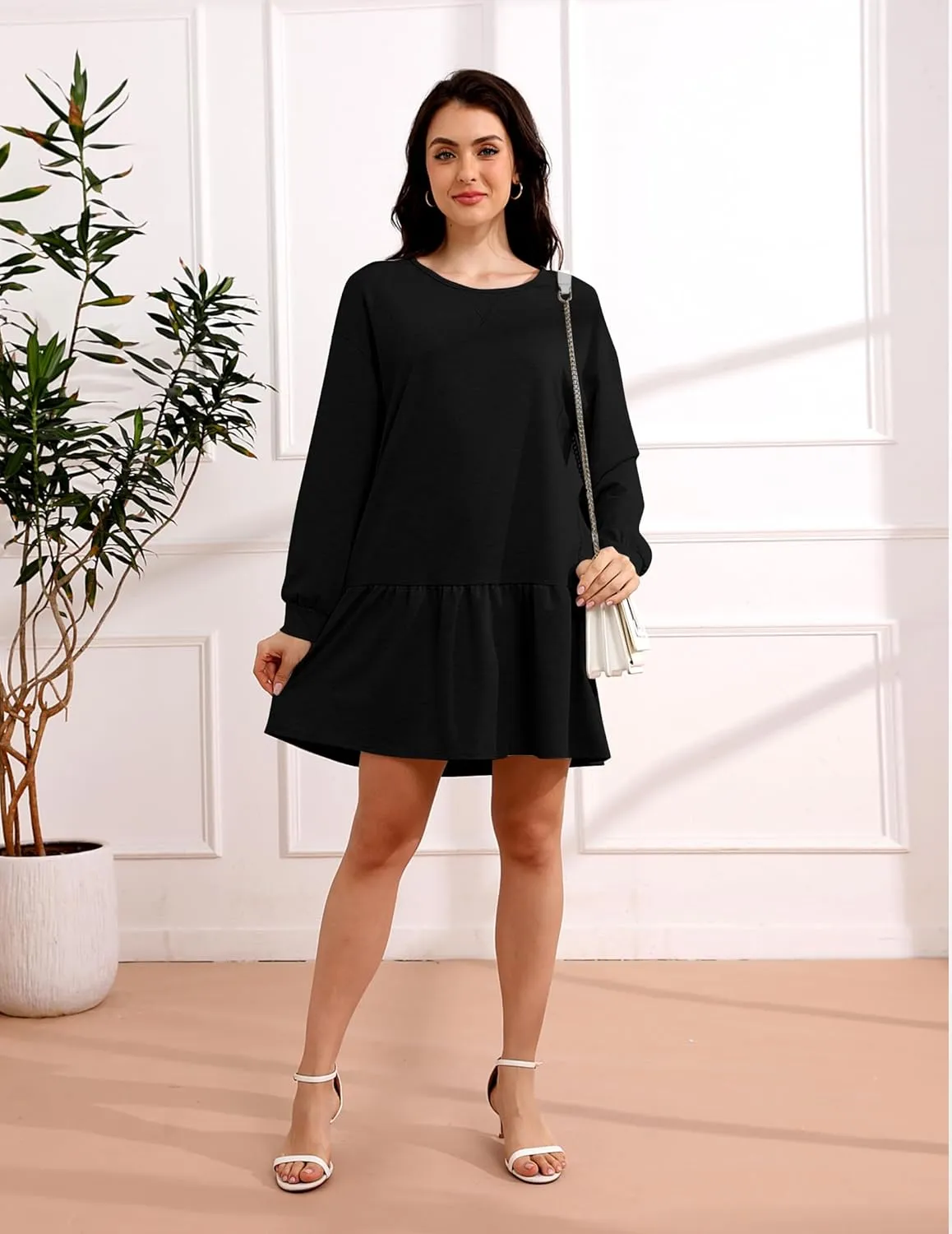 Womens 2025 Fall Long Sleeve Pullover Tops Crewneck Rib Knit Patchwork Sweatshirt Dress Ruffle Mini Dresses