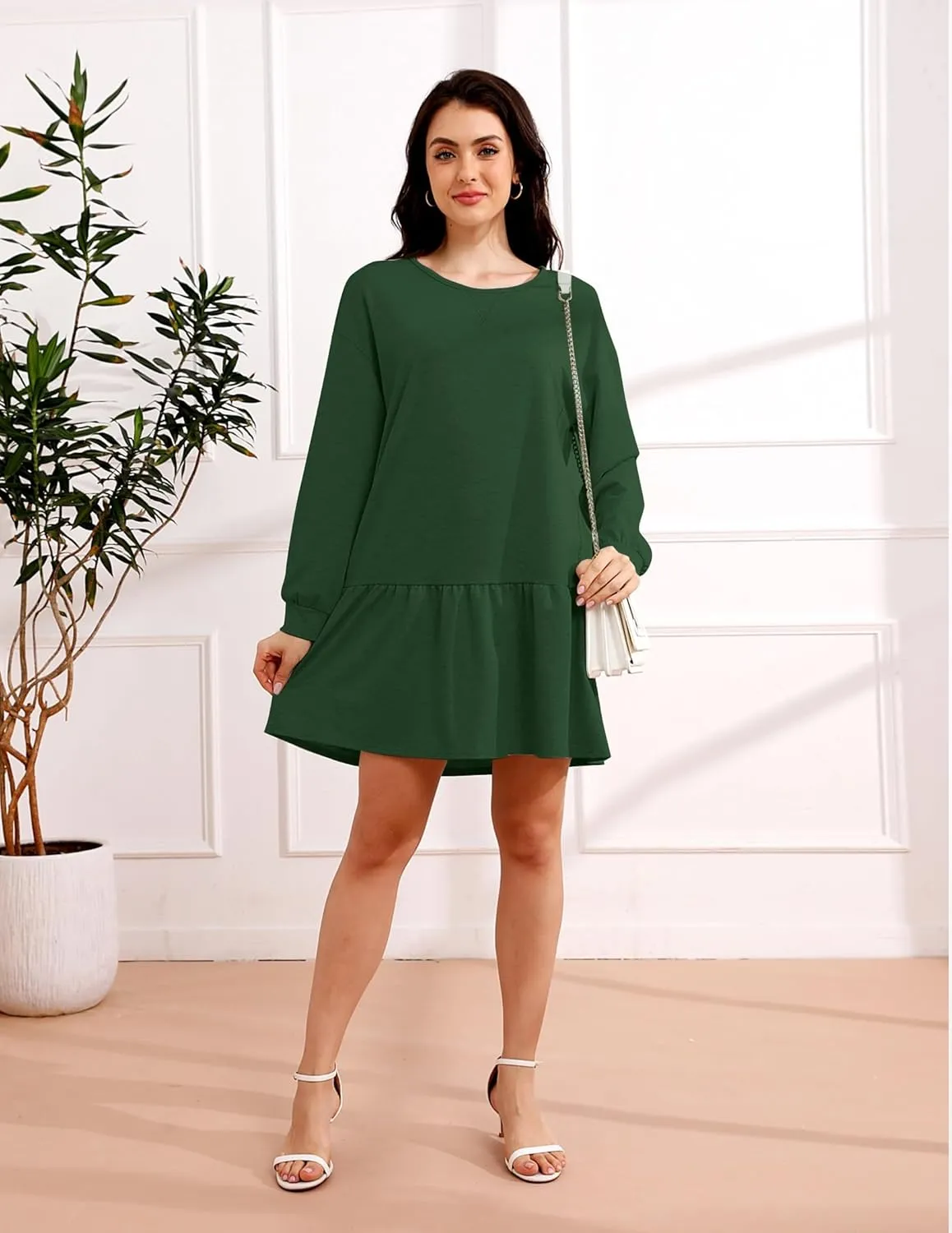 Womens 2025 Fall Long Sleeve Pullover Tops Crewneck Rib Knit Patchwork Sweatshirt Dress Ruffle Mini Dresses