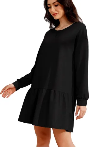 Womens 2025 Fall Long Sleeve Pullover Tops Crewneck Rib Knit Patchwork Sweatshirt Dress Ruffle Mini Dresses