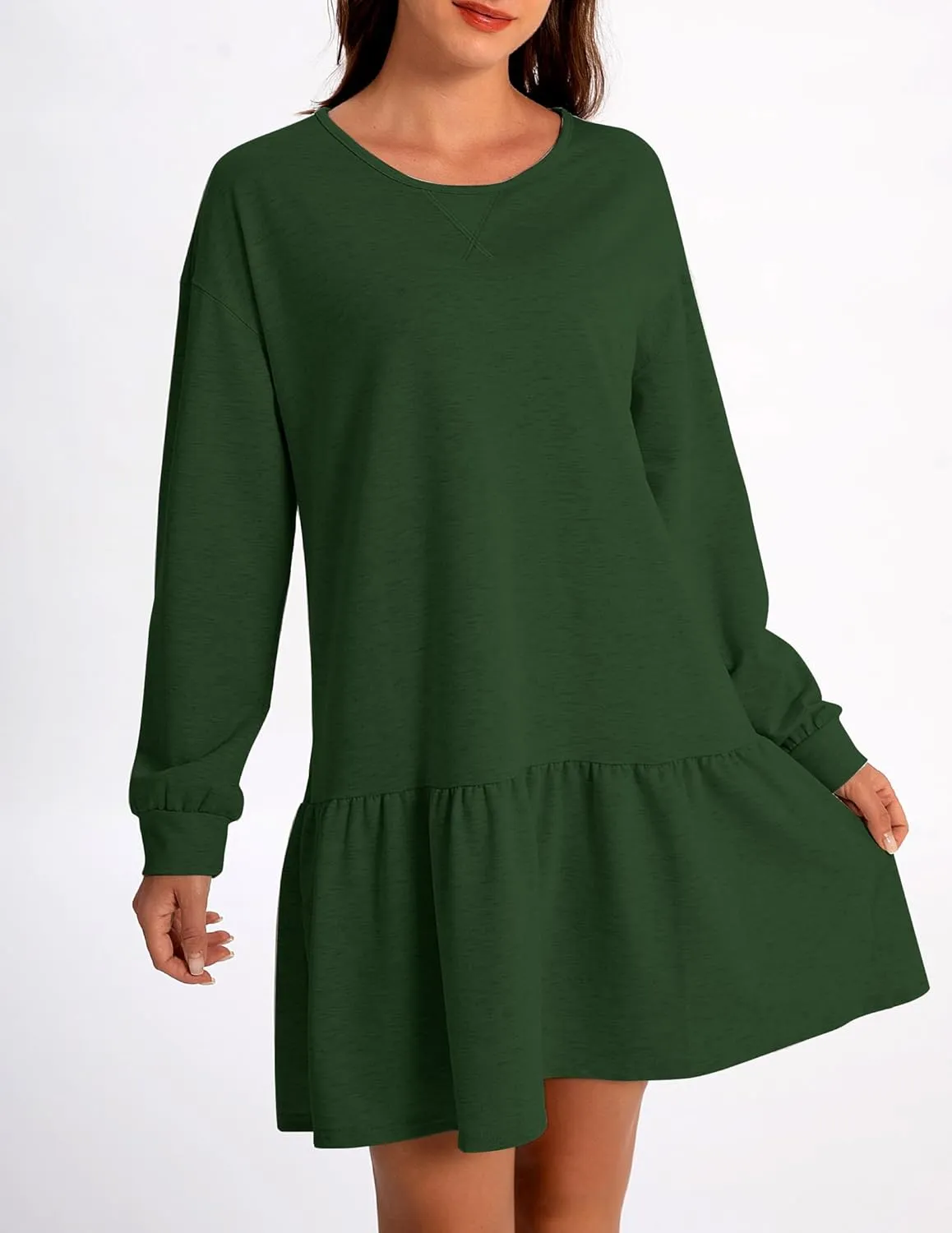 Womens 2025 Fall Long Sleeve Pullover Tops Crewneck Rib Knit Patchwork Sweatshirt Dress Ruffle Mini Dresses