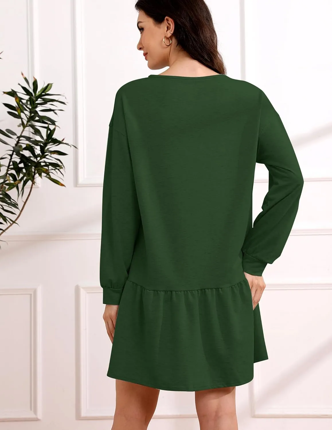 Womens 2025 Fall Long Sleeve Pullover Tops Crewneck Rib Knit Patchwork Sweatshirt Dress Ruffle Mini Dresses