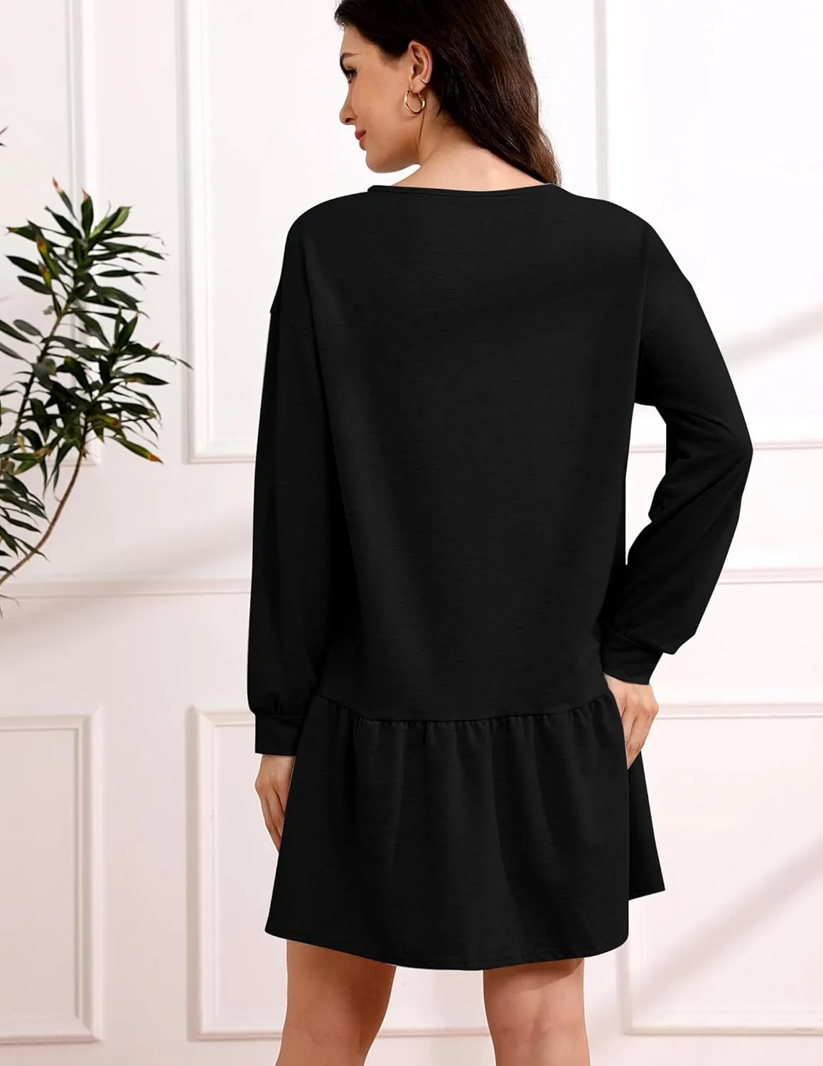 Womens 2025 Fall Long Sleeve Pullover Tops Crewneck Rib Knit Patchwork Sweatshirt Dress Ruffle Mini Dresses