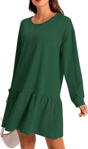 Womens 2025 Fall Long Sleeve Pullover Tops Crewneck Rib Knit Patchwork Sweatshirt Dress Ruffle Mini Dresses