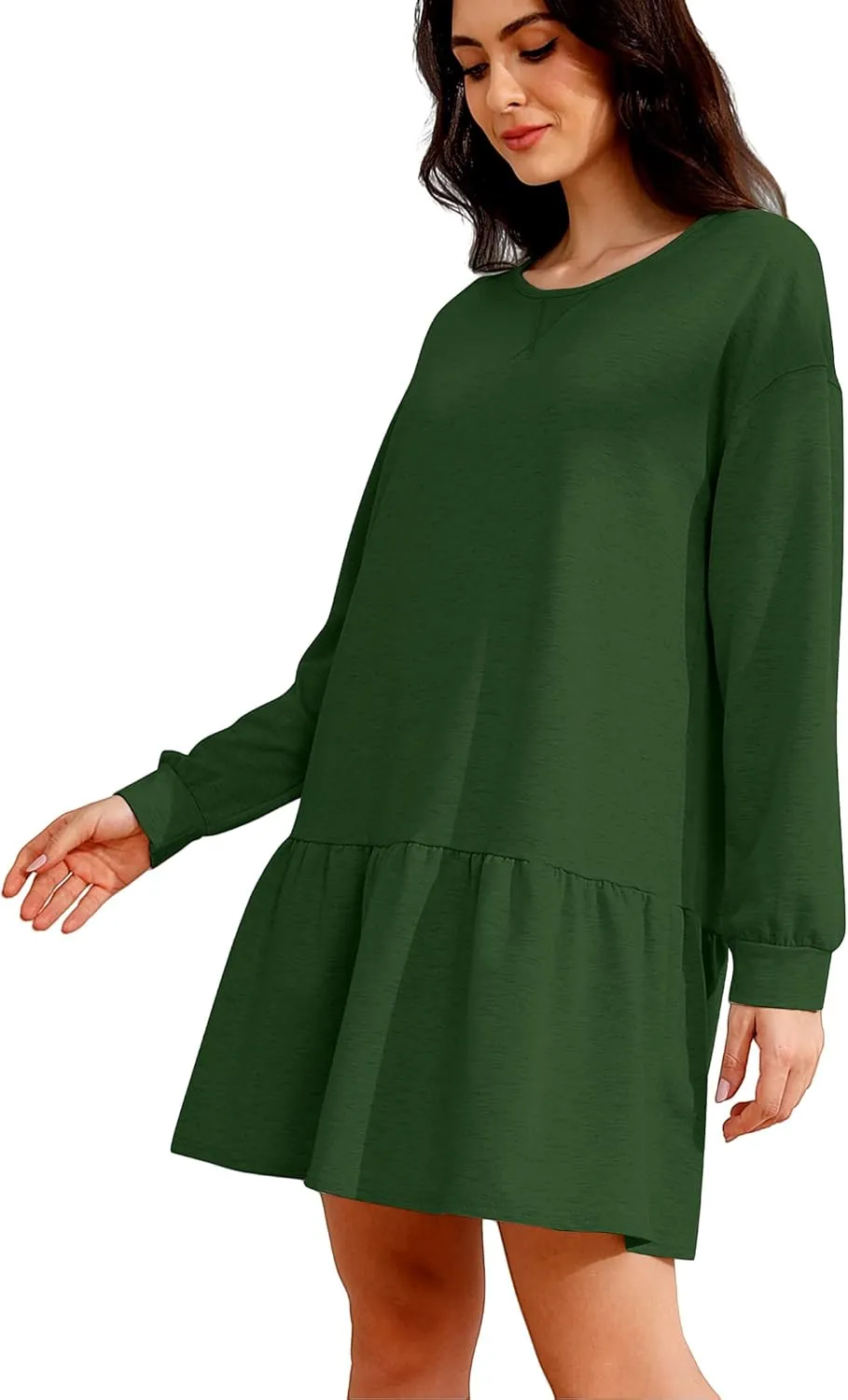 Womens 2025 Fall Long Sleeve Pullover Tops Crewneck Rib Knit Patchwork Sweatshirt Dress Ruffle Mini Dresses