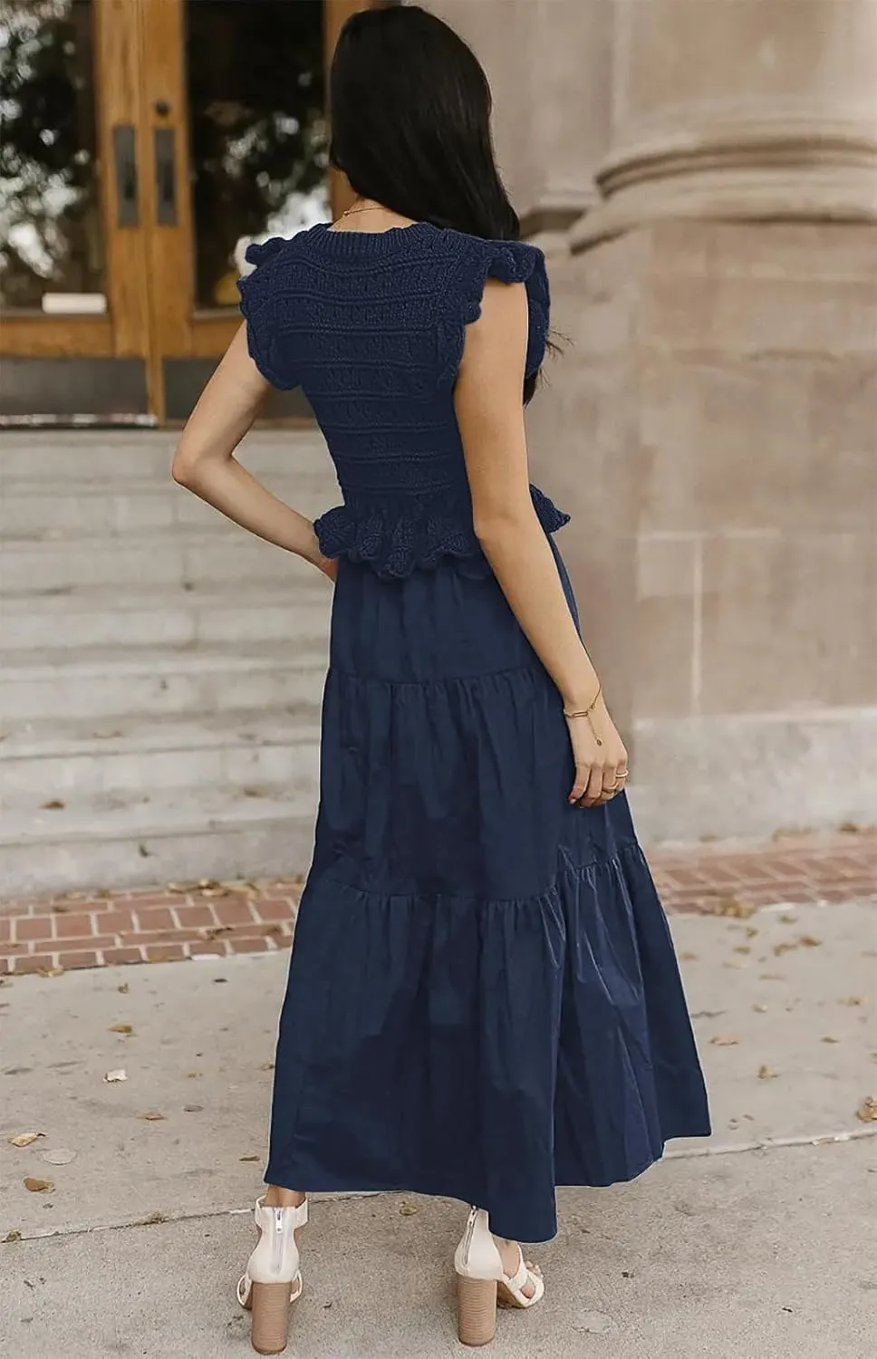 Womens 2025 Summer Causal Ruffle Sleeve Crochet Knit Tops Long Dress for Ladies Fall Trendy Tiered Dress