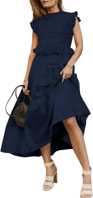 Womens 2025 Summer Causal Ruffle Sleeve Crochet Knit Tops Long Dress for Ladies Fall Trendy Tiered Dress