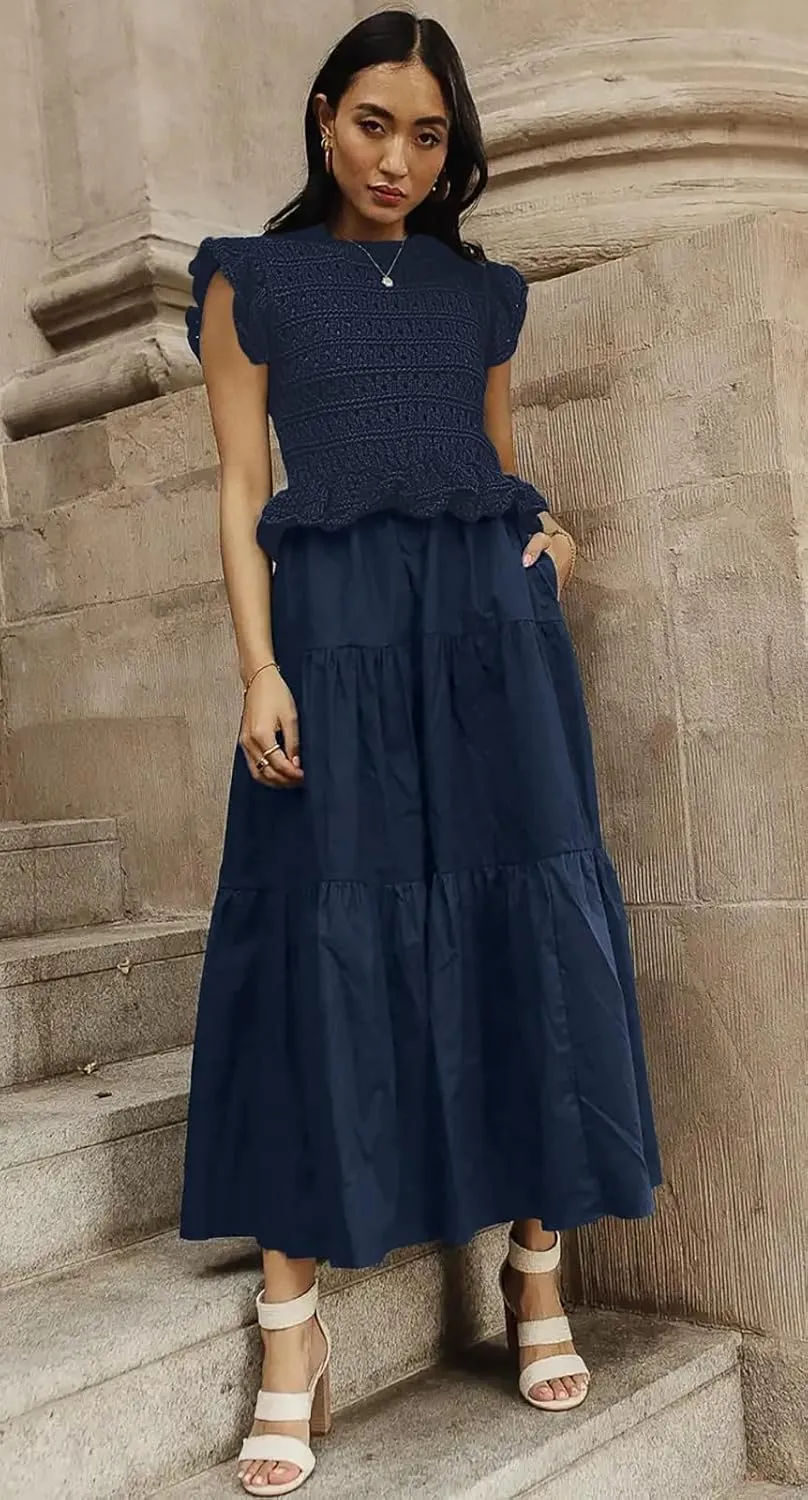 Womens 2025 Summer Causal Ruffle Sleeve Crochet Knit Tops Long Dress for Ladies Fall Trendy Tiered Dress