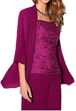 Women's 3 Pieces Chiffon Mother of The Bride Dress Pants Suits Wedding Outfit Lace Evening Dress