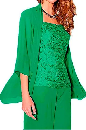 Women's 3 Pieces Chiffon Mother of The Bride Dress Pants Suits Wedding Outfit Lace Evening Dress