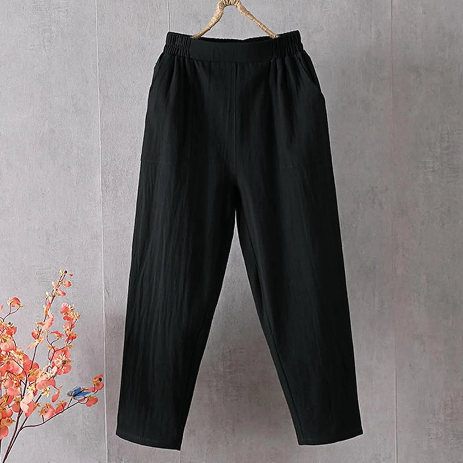 Womens Baggy Wide Leg Pants Casual Drawstring Elastic Waist Linen Carpi Pants Summer 2025 Harem Trousers with Pockets
